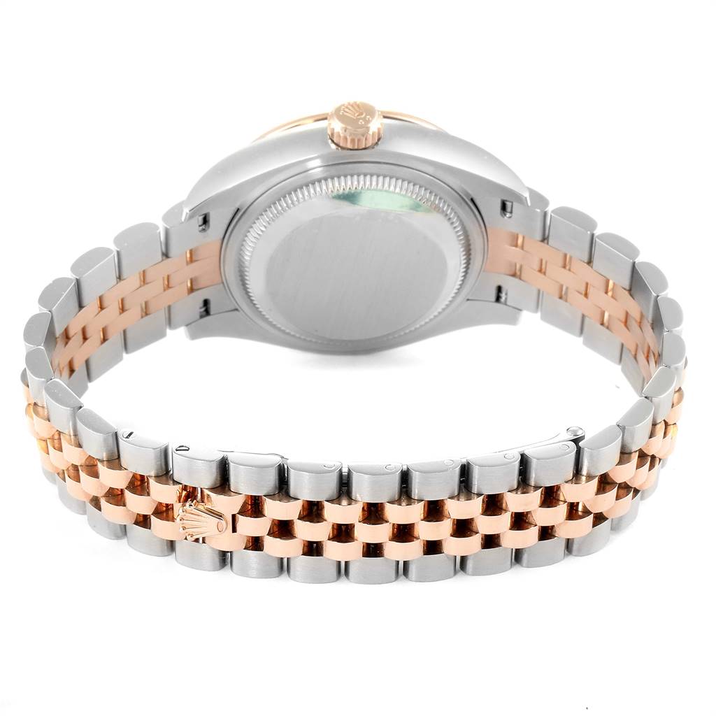 This image shows the back case and two-tone bracelet of a Rolex Datejust 279381 Women's Steel and Gold (two tone) Brown Dial 279381 Women's Steel and Gold (two tone) Brown Dial watch.