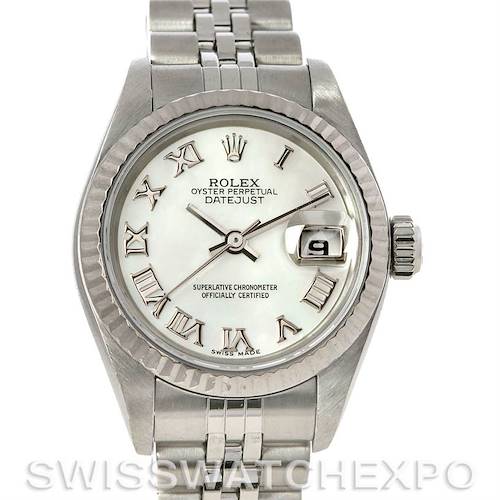 This image shows a Rolex Datejust 79174 Women's Stainless Steel Mother of Pearl Dial 79174 Women's Stainless Steel Mother of Pearl Dial watch from the front, displaying the dial, bezel, bracelet, crown, and date window.