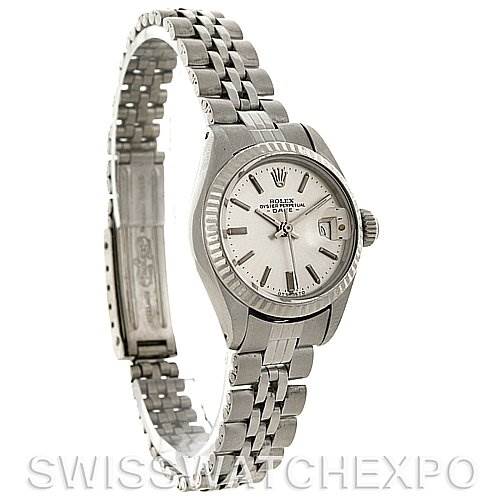The image displays a Rolex Datejust 6917 Women's Stainless Steel Silver Dial 6917 Women's Stainless Steel Silver Dial watch from an angled side view, showing the dial, bezel, crown, and part of the jubilee bracelet.