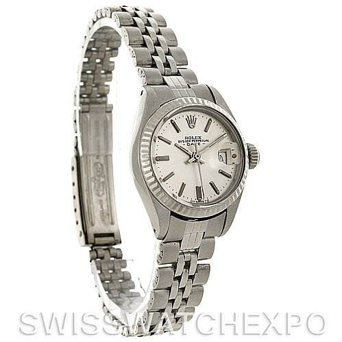The image displays a Rolex Datejust 6917 Women's Stainless Steel Silver Dial 6917 Women's Stainless Steel Silver Dial watch from an angled side view, showing the dial, bezel, crown, and part of the jubilee bracelet.