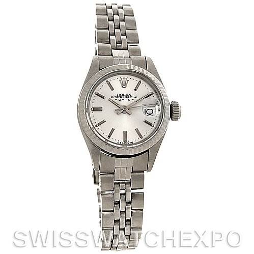 This image shows a Rolex Datejust 6917 Women's Stainless Steel Silver Dial 6917 Women's Stainless Steel Silver Dial watch from a front angle, displaying its dial, bezel, and Jubilee bracelet.