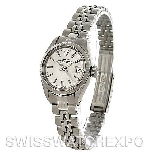 This image shows a Rolex Datejust 6917 Women's Stainless Steel Silver Dial 6917 Women's Stainless Steel Silver Dial watch from an angled front view, displaying its face, bezel, crown, and Jubilee bracelet.