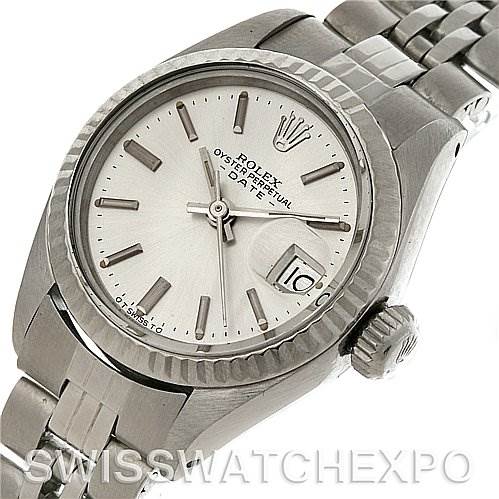 The image shows a close-up view of the dial, bezel, crown, and partial bracelet of a Rolex Datejust 6917 Women's Stainless Steel Silver Dial 6917 Women's Stainless Steel Silver Dial watch.