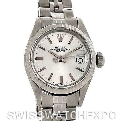 The image shows a front view of the Rolex Datejust 6917 Women's Stainless Steel Silver Dial 6917 Women's Stainless Steel Silver Dial watch, displaying the dial, bezel, bracelet, and crown.