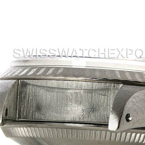 The image shows a close-up angle of the side case of a Rolex Datejust 6917 Women's Stainless Steel Silver Dial 6917 Women's Stainless Steel Silver Dial watch, highlighting the serial number engraving.