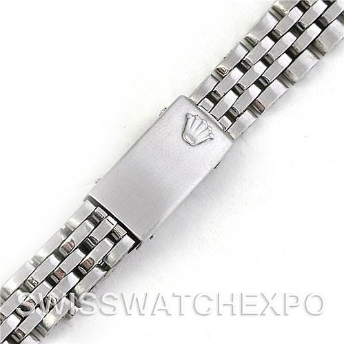 The image shows a close-up of a Rolex Datejust 6917 Women's Stainless Steel Silver Dial 6917 Women's Stainless Steel Silver Dial watch bracelet with a clasp, featuring the Rolex crown logo.
