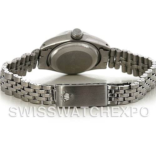 The image shows the back case, crown, and Jubilee bracelet of a Rolex Datejust 6917 Women's Stainless Steel Silver Dial 6917 Women's Stainless Steel Silver Dial watch.