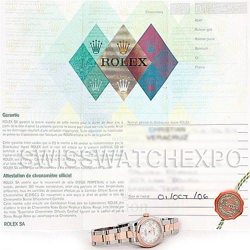 The image shows a Rolex Datejust 179161 Women's Steel and Gold (two tone) White Dial 179161 Women's Steel and Gold (two tone) White Dial watch and its warranty paperwork, including a guarantee certificate and official chronometer certification.