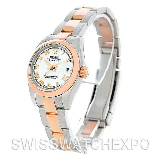 This image shows a Rolex Datejust 179161 Women's Steel and Gold (two tone) White Dial 179161 Women's Steel and Gold (two tone) White Dial watch angled to display the face, case, and part of the bracelet.