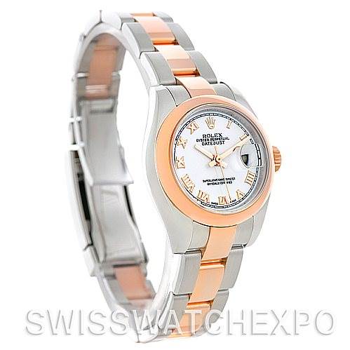 The image shows a side view of a Rolex Datejust 179161 Women's Steel and Gold (two tone) White Dial 179161 Women's Steel and Gold (two tone) White Dial watch, highlighting the dial, two-tone bracelet, and clasp.