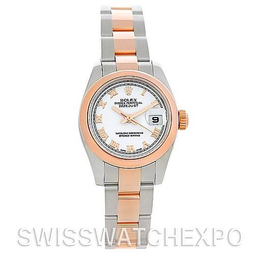 This image shows a Rolex Datejust 179161 Women's Steel and Gold (two tone) White Dial 179161 Women's Steel and Gold (two tone) White Dial model watch from a front angle, highlighting the face, bezel, and bracelet.