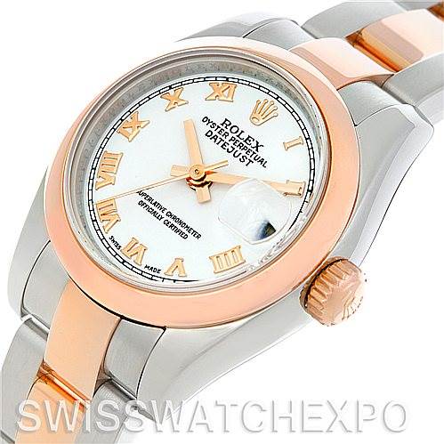 This image shows a close-up angle of a Rolex Datejust 179161 Women's Steel and Gold (two tone) White Dial 179161 Women's Steel and Gold (two tone) White Dial, highlighting the face, bezel, crown, and part of the bracelet.