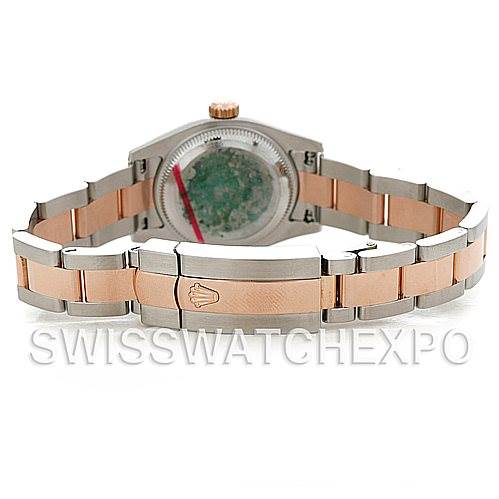 The image shows the back view of a Rolex Datejust 179161 Women's Steel and Gold (two tone) White Dial 179161 Women's Steel and Gold (two tone) White Dial watch, highlighting its bicolor bracelet and clasp.