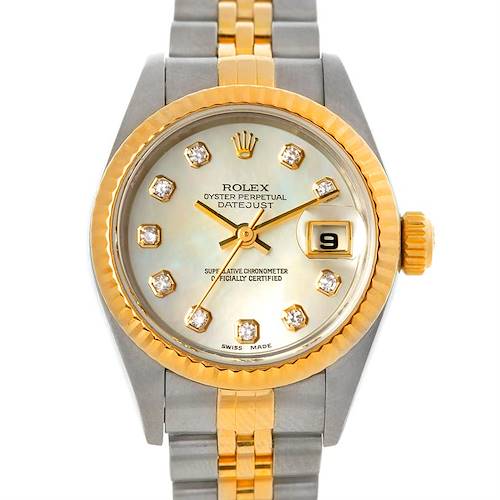 The image shows a Rolex Datejust 79173 Women's Stainless Steel Mother of Pearl Dial 79173 Women's Stainless Steel Mother of Pearl Dial watch from a front angle, featuring its dial, bezel, crown, and a portion of the bracelet.