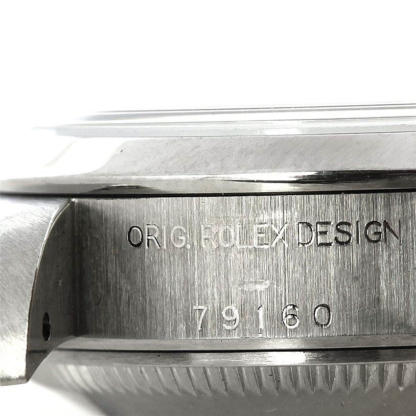 The image shows a close-up side view of the casing of the Rolex Datejust 79160 Women's Stainless Steel White Dial 79160 Women's Stainless Steel White Dial watch, highlighting the model number "79160" and "ORIG. ROLEX DESIGN" engraving.