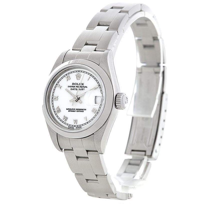 This image shows a Rolex Datejust 79160 Women's Stainless Steel White Dial 79160 Women's Stainless Steel White Dial watch at a slight angle, highlighting the bracelet, dial, and crown.
