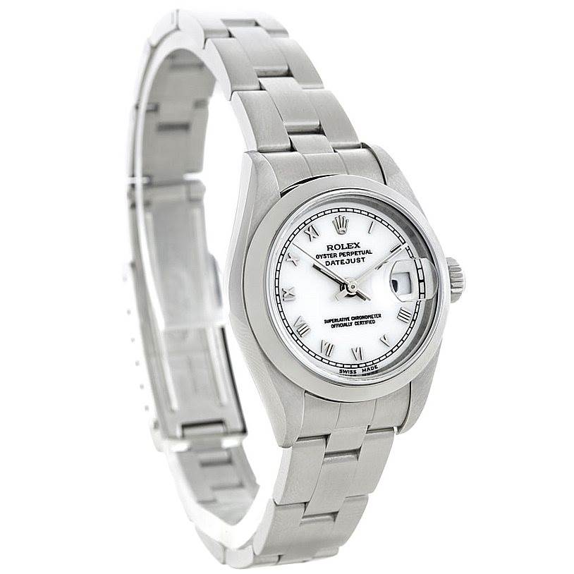The image shows a Rolex Datejust 79160 Women's Stainless Steel White Dial 79160 Women's Stainless Steel White Dial watch from an angled side view, displaying its face, case, and partial bracelet.