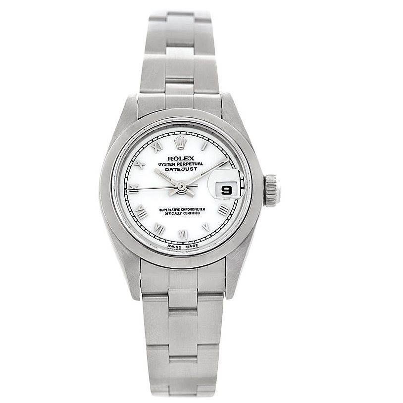 The image shows a frontal view of a Rolex Datejust 79160 Women's Stainless Steel White Dial 79160 Women's Stainless Steel White Dial watch, displaying the face, case, crown, and bracelet.