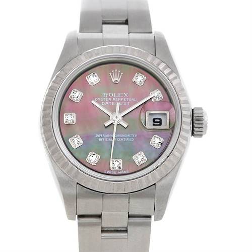 This is a front view of a Rolex Datejust 79174 Women's Stainless Steel Mother of Pearl Dial 79174 Women's Stainless Steel Mother of Pearl Dial watch showing its dial, bracelet, bezel, crown, and date window.