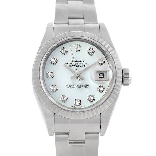 This image shows a Rolex Datejust 69174 Women's Stainless Steel Mother of Pearl Dial 69174 Women's Stainless Steel Mother of Pearl Dial watch from a front view, displaying the dial, hands, date window, and part of the bracelet.