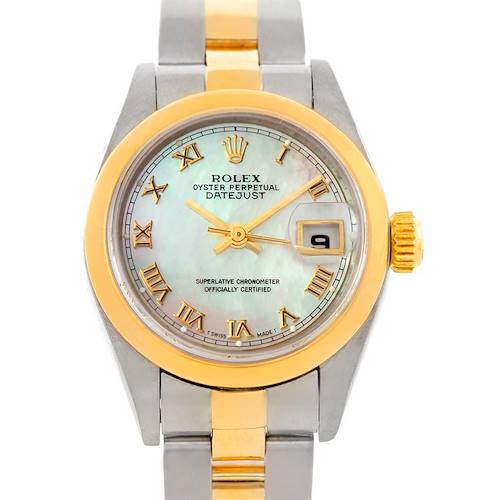 The image shows a frontal view of a Rolex Datejust 79163 Women's Steel and Gold (two tone) Mother of Pearl Dial 79163 Women's Steel and Gold (two tone) Mother of Pearl Dial watch featuring a two-tone bracelet, gold bezel, and a mother-of-pearl dial.