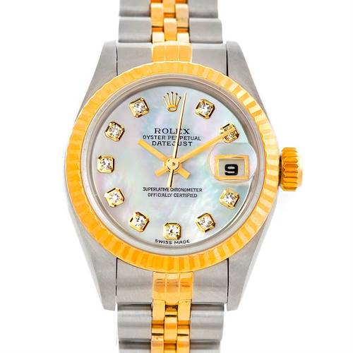 The image shows a front view of a Rolex Datejust 79173 Women's Stainless Steel Mother of Pearl Dial 79173 Women's Stainless Steel Mother of Pearl Dial watch, displaying the dial, bezel, crown, and part of the bracelet.
