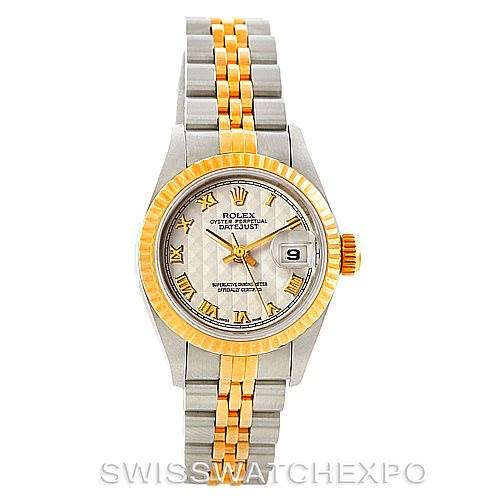 The image shows a front angle of a Rolex Datejust 69173 Women's Stainless Steel Beige Dial 69173 Women's Stainless Steel Beige Dial watch displaying its dial, fluted bezel, and Jubilee bracelet.