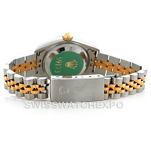 The image shows the back view of a Rolex Datejust 69173 Women's Stainless Steel Beige Dial 69173 Women's Stainless Steel Beige Dial model, focusing on the clasp and bracelet with two-tone metal links.