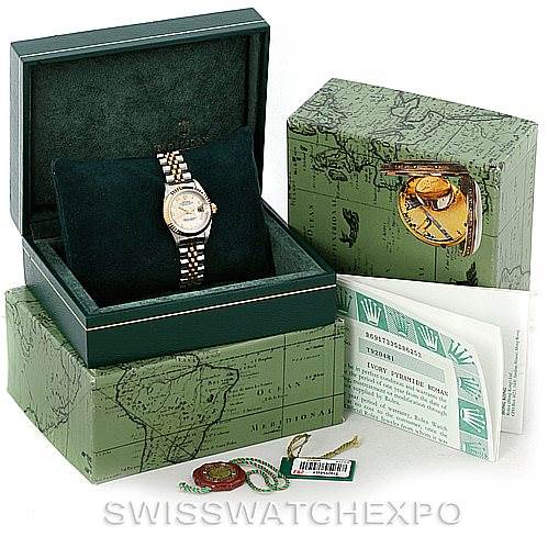 The image shows a Rolex Datejust 69173 Women's Stainless Steel Beige Dial 69173 Women's Stainless Steel Beige Dial watch in its opened box, with additional packaging, tags, and documents.