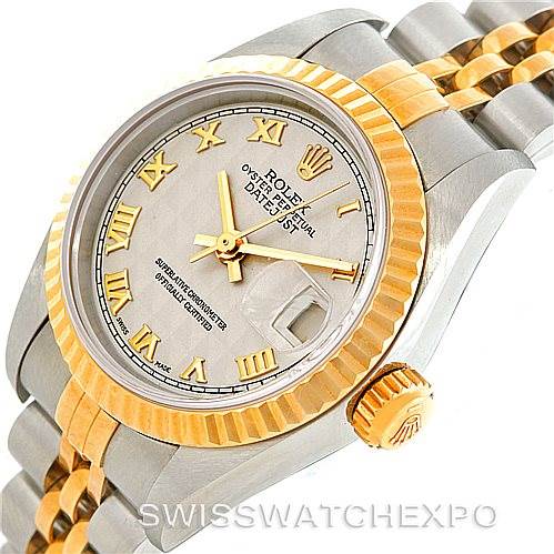 The image shows a close-up of a Rolex Datejust 69173 Women's Stainless Steel Beige Dial 69173 Women's Stainless Steel Beige Dial watch, displaying the dial, fluted bezel, crown, and part of the jubilee bracelet.