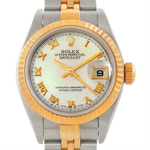 This close-up image shows the face, bezel, crown, and part of the bracelet of a Rolex Datejust 79173 Women's Stainless Steel Mother of Pearl Dial 79173 Women's Stainless Steel Mother of Pearl Dial watch.