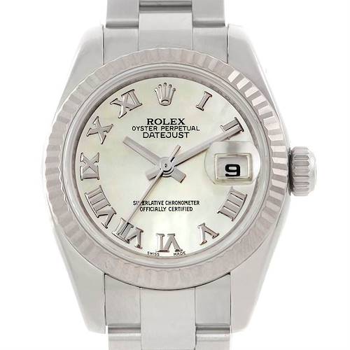 This is a front view of a Rolex Datejust 179174 Women's Stainless Steel Mother of Pearl Dial 179174 Women's Stainless Steel Mother of Pearl Dial watch, showcasing the dial, hands, bezel, and part of the bracelet.