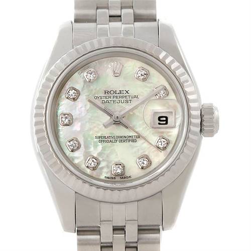 This is a front view of a Rolex Datejust 179174 Women's Stainless Steel Mother of Pearl Dial 179174 Women's Stainless Steel Mother of Pearl Dial watch, showing the dial, bezel, crown, and part of the bracelet.