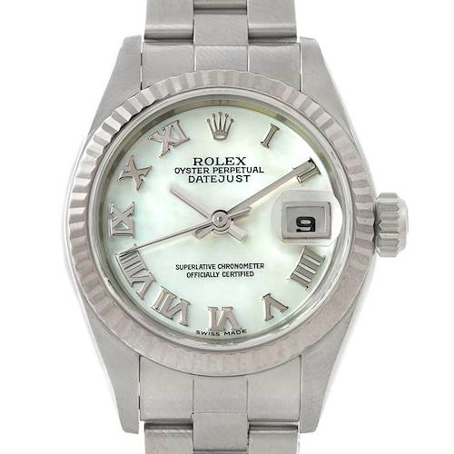 The image shows a front view of a Rolex Datejust 79174 Women's Stainless Steel Mother of Pearl Dial 79174 Women's Stainless Steel Mother of Pearl Dial watch, highlighting its face, bezel, bracelet, and date window.