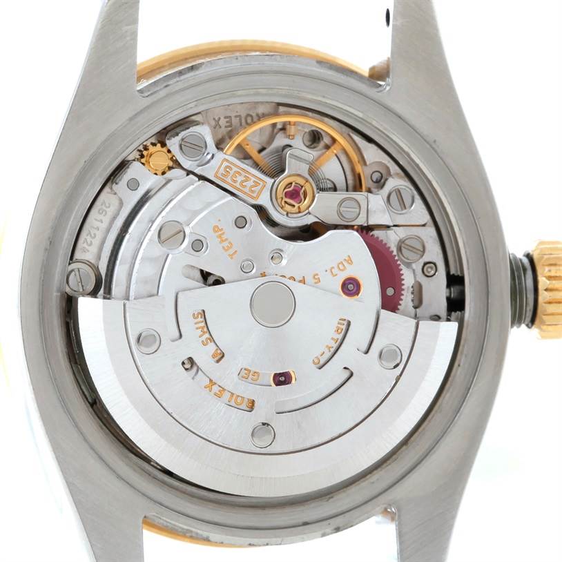 The image shows a close-up view of the Rolex Datejust 179313 Women's Stainless Steel Beige Dial 179313 Women's Stainless Steel Beige Dial watch's movement from the back.