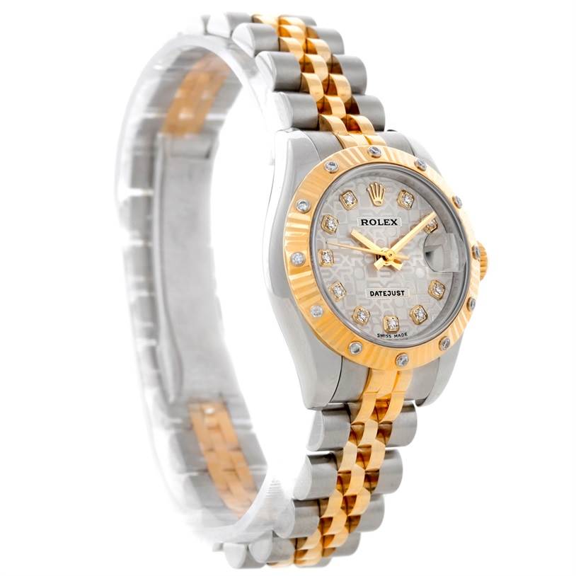 The image shows a side angle view of a Rolex Datejust 179313 Women's Stainless Steel Beige Dial 179313 Women's Stainless Steel Beige Dial watch, highlighting its face, bezel, and bracelet.