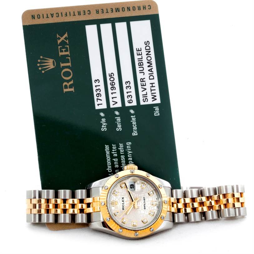 The image shows a Rolex Datejust 179313 Women's Stainless Steel Beige Dial 179313 Women's Stainless Steel Beige Dial watch with a two-tone bracelet and diamond dial, viewed from the front alongside its certification card.
