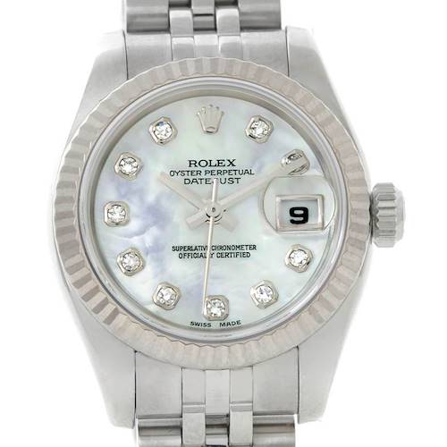 The image shows a close-up of the Rolex Datejust 179174 Women's Stainless Steel Mother of Pearl Dial 179174 Women's Stainless Steel Mother of Pearl Dial watch, displaying its face, bezel, and bracelet.