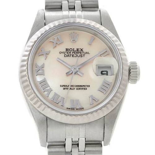The image shows a front view of a Rolex Datejust 79174 Women's Stainless Steel Mother of Pearl Dial 79174 Women's Stainless Steel Mother of Pearl Dial watch, highlighting its dial, hands, bezel, and bracelet.