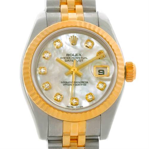 The image shows a frontal view of a Rolex Datejust 179173 Women's Steel and Gold (two tone) Mother of Pearl Dial 179173 Women's Steel and Gold (two tone) Mother of Pearl Dial watch featuring a two-tone band, gold bezel, and a date window at the 3 o'clock position.