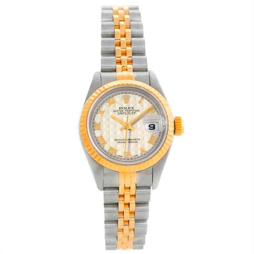 The image shows a Rolex Datejust 69173 Women's Stainless Steel Beige Dial 69173 Women's Stainless Steel Beige Dial watch from a front angle, highlighting the face, bezel, and bracelet.