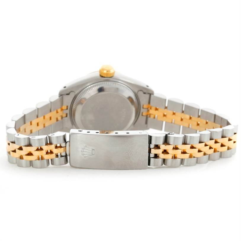 This image shows the back of a Rolex Datejust 69173 Women's Stainless Steel Beige Dial 69173 Women's Stainless Steel Beige Dial watch, depicting the case back, crown, and two-tone bracelet.