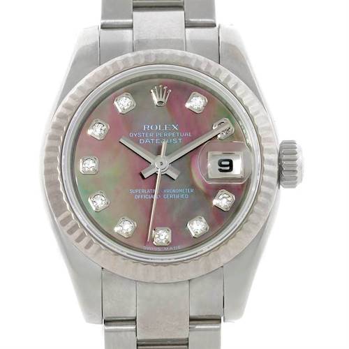 The image shows a full frontal view of a Rolex Datejust 179174 Women's Stainless Steel Mother of Pearl Dial 179174 Women's Stainless Steel Mother of Pearl Dial watch, highlighting its face, dial, hands, date display, and part of the bracelet.