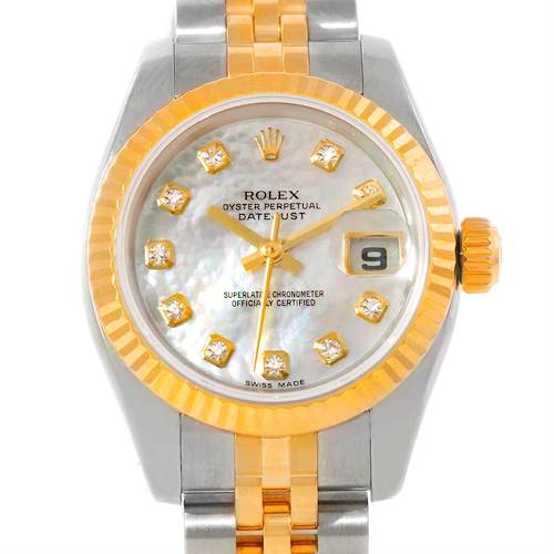 The image shows a close-up of the Rolex Datejust 179173 Women's Steel and Gold (two tone) Mother of Pearl Dial 179173 Women's Steel and Gold (two tone) Mother of Pearl Dial watch, highlighting its gold bezel, dial, crown, and part of the bracelet.