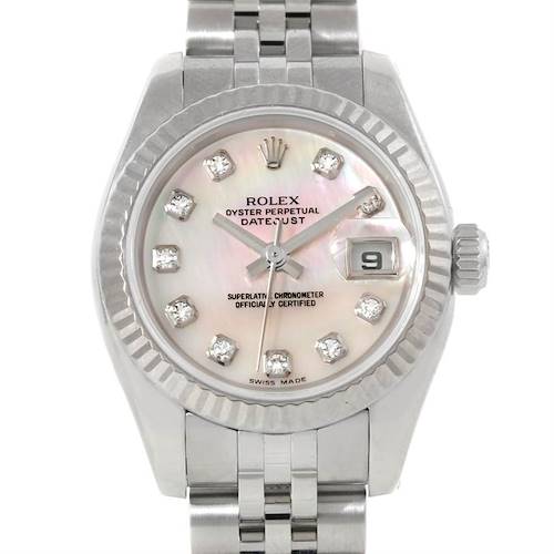 The image shows the front view of a Rolex Datejust 179174 Women's Stainless Steel Mother of Pearl Dial 179174 Women's Stainless Steel Mother of Pearl Dial watch, highlighting the dial, bezel, crown, and bracelet.