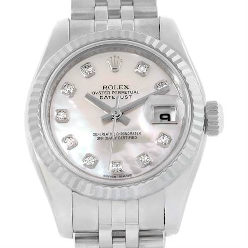 This image shows a front view of the Rolex Datejust 179174 Women's Stainless Steel Mother of Pearl Dial 179174 Women's Stainless Steel Mother of Pearl Dial watch, displaying the dial, bezel, crown, and part of the bracelet.