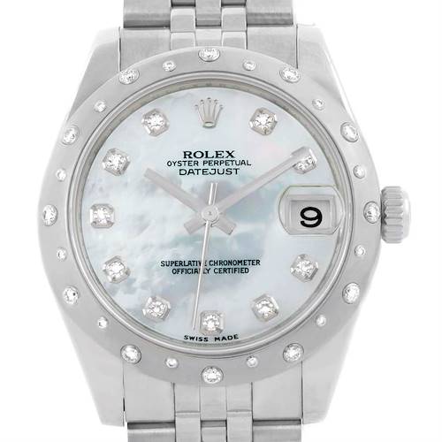 The image shows a Rolex Mid-Size 178344 Women's Stainless Steel Mother of Pearl Dial 178344 Women's Stainless Steel Mother of Pearl Dial Oyster Perpetual Datejust watch from the front, highlighting the dial, bezel, and bracelet.