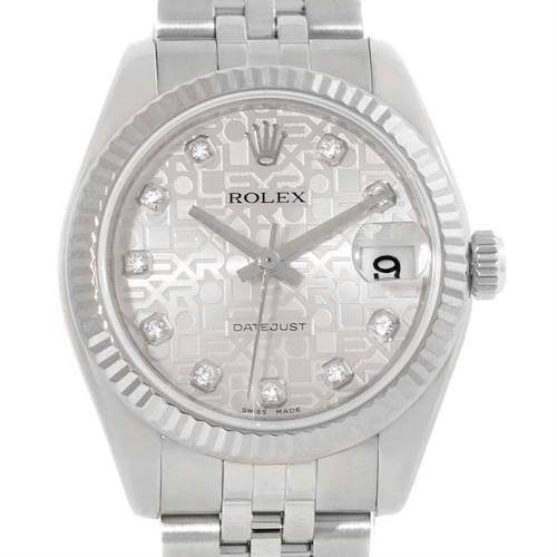 The image shows the front view of a Rolex Mid-Size 178274 Women's Stainless Steel Silver Dial 178274 Women's Stainless Steel Silver Dial Datejust watch featuring a patterned dial, diamond hour markers, and a date window.