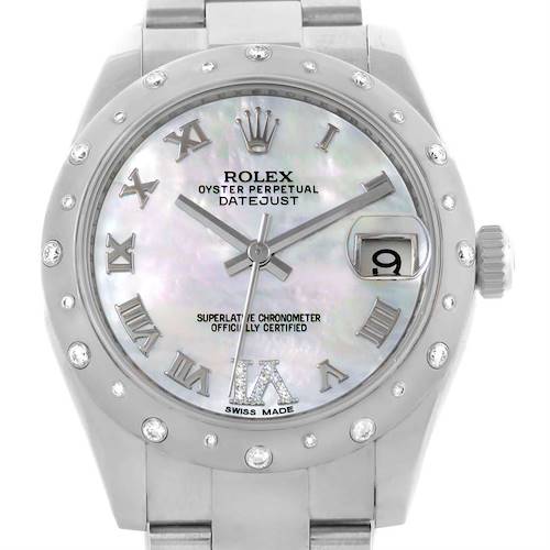 This is a front view of a Rolex Oyster Perpetual Datejust Mid-Size watch, showing the dial, bezel, and part of the bracelet.