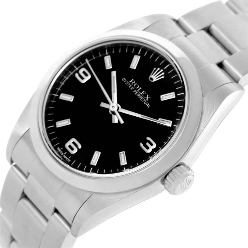 This Rolex Mid-Size 77080 Men's Stainless Steel Black Dial 77080 Men's Stainless Steel Black Dial model watch is shown from a top angle, highlighting its face, bezel, and crown.